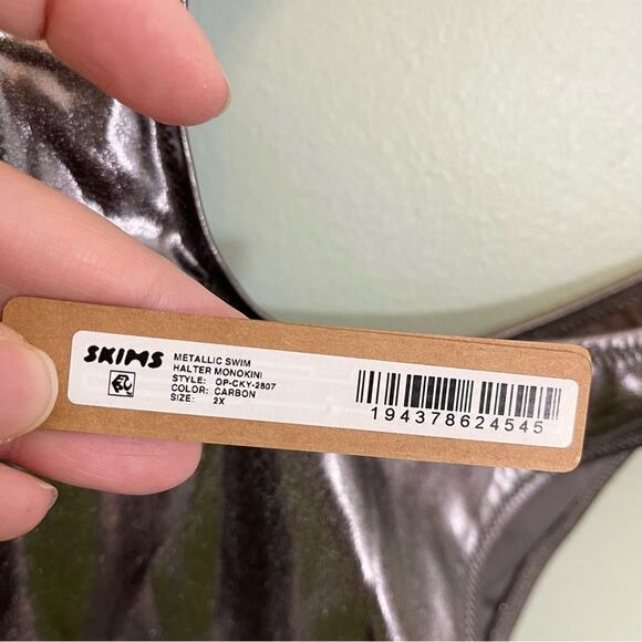 Skims Stretch Metallic Swim Halter Monokini One-Piece Swimsuit Carbon 2X NWT - Picture 15 of 16